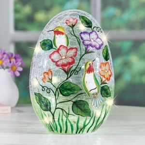 LED Lighted Hummingbird and Flowers Crackled Glass Table Egg Lamp Centerpiece - Picture 1 of 3