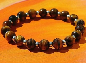 Pulsera de cuentas de piedras preciosas y plata hecha a mano de 8 mm para hombre / mujer - ojo de tigre - Imagen 1 de 3
