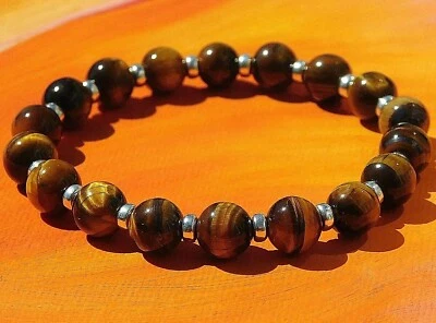 Herren / Damen 8mm Handgefertigt Edelstein & Silber Perlen Armband - Tiger Auge - Bild 1 von 3