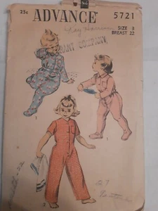 One Piece Romper Suit Advance Sewing Pattern 5721 Toddler Girls 3 VTG 50's Cut  - Picture 1 of 5