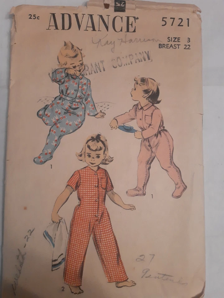 One Piece Romper Suit Advance Sewing Pattern 5721 Toddler Girls 3 VTG 50's Cut  - Image 1 of 4