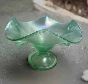 Rare Vtg Fenton Double Handle Fish Green Opalescent Dish Bowl Luminescent Waved - Picture 1 of 9