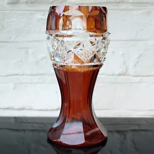Vaso Cristallo Ambra Boemia Sfaccettato con Fascia Decorata Diamante Taglio Trasparente - Foto 1 di 20