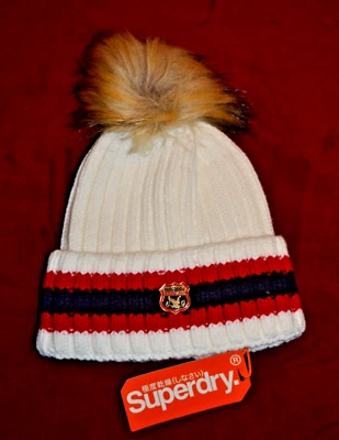 Superdry Women's Beanie w/Furry Faux Fur Pom Pom Ribbed Rodeo White NWT - Изображение 1 из 4