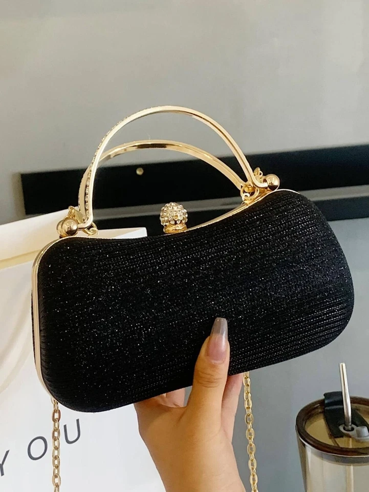 Womens Small Black Rhinestone Decor Gold Chain Double Handle Box Bag Purse Party - Image 1 of 4