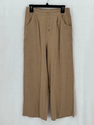 Pantalones de mezcla de lino para mujer color tostado medio tiro alto pierna ancha botones bolsillos delanteros Foto 1 de 4