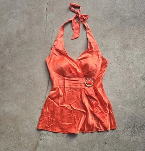 Vintage Cache Y2K Babydoll Neckholder Top Satin Seide Orange Deadstock Medium  - Bild 1 von 4