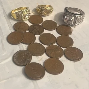 Bedroom Junk Drawer Lot / Men’s Rings , Wheat Pennies 1937, 1944 and More! Lot#P - Picture 1 of 5