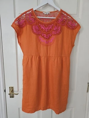 Boden Linen Shift Dress Orange & Pink Pockets Size 14 Embroidered And Lace - Image 1 of 4