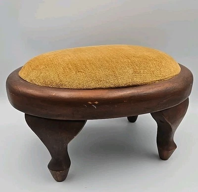 Vintage Oval Mustard Velvet Top Mahogany Wood Foot Stool MCM 12.5" × 9" × 7.5" - Image 1 of 4