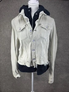 Free People Womens Hoodie Layered Lightwash Denim Jacket M Boho Urban Distressed - Picture 1 of 14