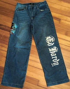 Ed Hardy Jeans Womens 32 Y2K Baggy Brave Eagle Wide Leg Pants Embroidered - Picture 1 of 7