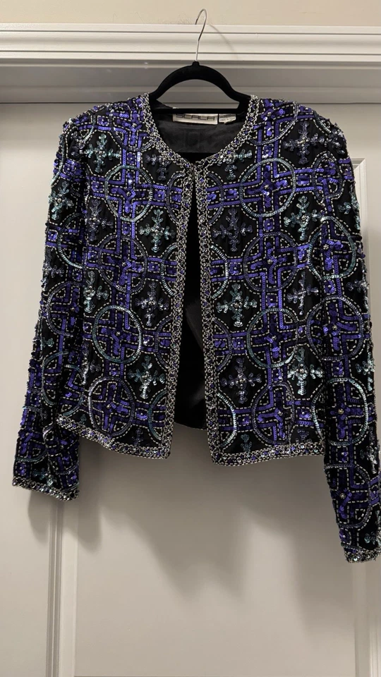 Chaqueta de Seda SCALA De Colección Años 90 Formal Geométrica Cruz Celta Lentejuelas Cuentas Talla LP Foto 1 de 4