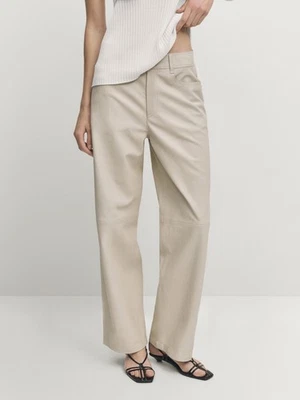 Massimo Dutti Cream/Beige/White Straight Leg Leather Trousers UK10 EU38 RPR $450 - Image 1 of 4