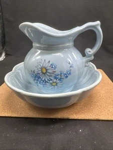 McCoy USA Mini blau Blumen Gänseblümchen Waschschüssel Becken & Krug Keramik #7528 Vintage - Bild 1 von 14