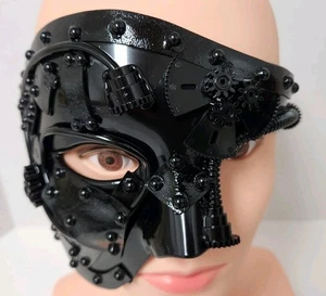 Máscara Steampunk Cyborg Masquerade Media Cara Mardi Gras Negro Acabado Brillante - Imagen 1 de 7