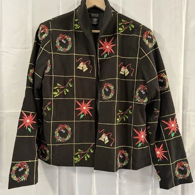 Vintage MAK Womens 14 L Christmas Jacket Blazer Embroidered Grandma Holiday - Image 1 of 4