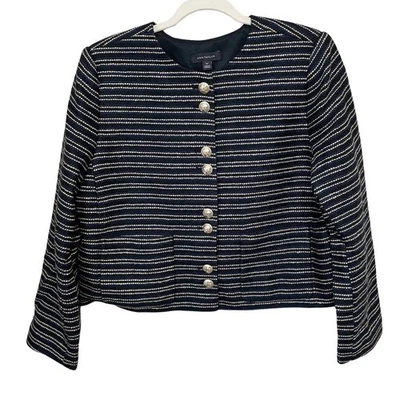 Ann Taylor шерстяная смесь Boucle куртка размер 14P маленький черный мульти полоски коробка новый - Изображение 1 из 4