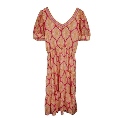 Gretchen Scott Midi Dress Womens L Pink Orange Leaf Tiered V Neck Puff Sleeve - image 1 of 4