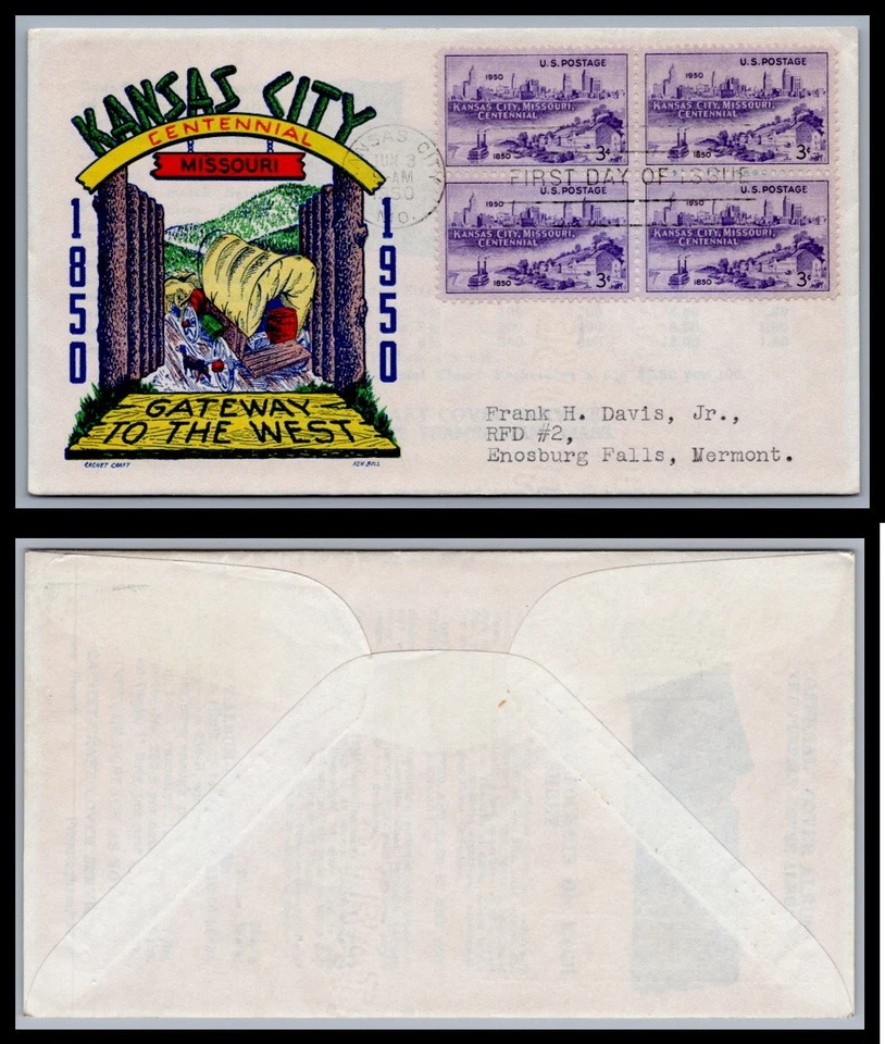 US FDC # 994 3c Kansas City Centennial  block Cachet Craft BOLL 1950, 0a1454 - Image 1 of 1