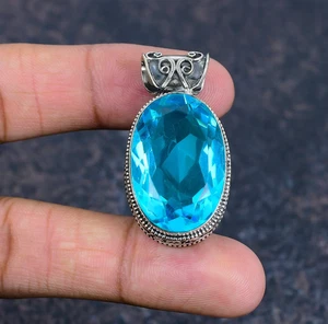 Blue Topaz Gemstone Handmade 925 Sterling Silver Pendant Jewelry Gift For Gift - Picture 1 of 6
