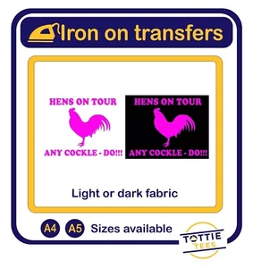 Personalised HENS ON TOUR hen party iron on t-shirt transfers a5 a4 - Picture 1 of 3