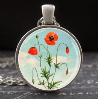 Collar Flor Amapola Roja Agosto Nacimiento Mes Joyería Cumpleaños Regalo Plata Dije Foto 1 de 3