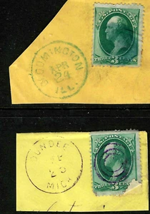 BLUE & PURPLE Fancy Cancel ON PIECE 3 Cent Washington Banknote 1871-83 US PC22 - Picture 1 of 3