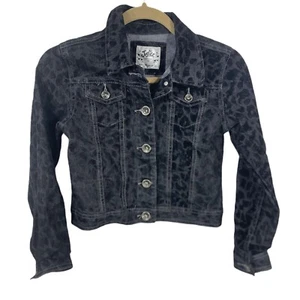 JUSTICE GIRLS BLACK & GREY LEOPARD DENIM JACKET FRONT BUTTONS EUC SZ 12 - Picture 1 of 10