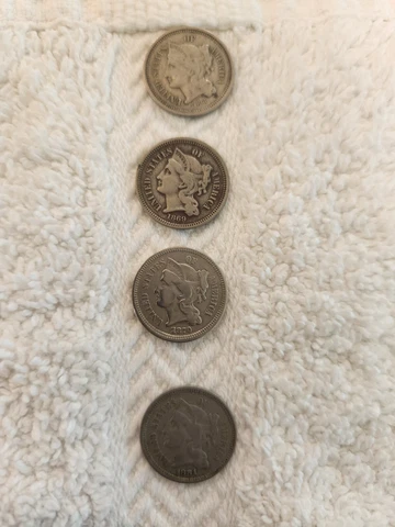 1868, 1869, 1870 and 1881 Three 3 Cent Nickel Pieces United States Coins Cover