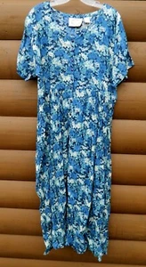 Vintage Erika Midi Dress L Blue Floral Shell Button Front Rayon 90’s - Picture 1 of 4