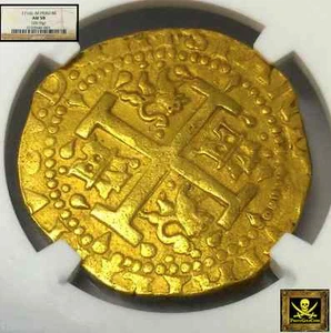 PERU 8 ESCUDOS GOLD DOUBLOON 1716 NGC 58 "1715 FLEET" 4 KN. SHIPWRECK TREASURE - Picture 1 of 12