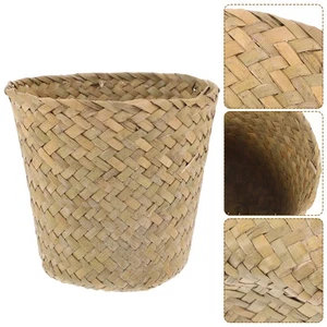 Cesta de basura de mimbre paja algas tejidas basura de almacenamiento de pastos marinos - Imagen 1 de 12