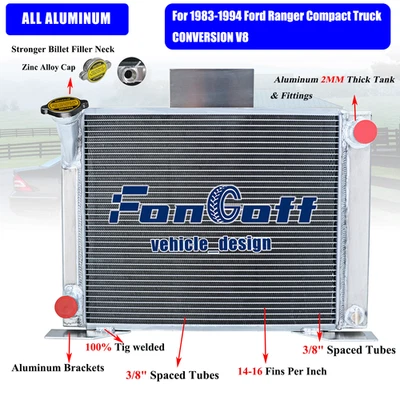 Aluminum 3Rows Radiator For 1983-1994 Ford Ranger Compact Truck CONVERSION V8 - Imagem 1 de 4