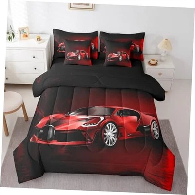  Juego de cama de 7 piezas para coche deportivo juego de edredón de coche de carreras con sábanas para doble rojo Foto 1 de 4