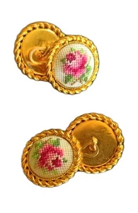 Vintage Petit Point Handmade Red Rose On White Vienna Needlepoint Flower Buttons - Picture 1 of 2