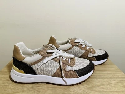Michael Kors lace up MK signature print sneaker shoes white beige brown NWOB 11 - Image 1 of 4