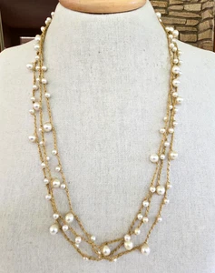 Vintage Gold Tone Thread Crotcheted Faux Pearl Single Strand Necklace 76" - Picture 1 of 5