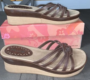 E5 MUDD CONEJO SZ 10m BROWN SLIDE MULE SLIP ON OPEN TOE SANDALS 70019 WEDGE - Picture 1 of 20