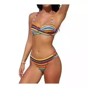 Colorful Padded Halter Push Up 2 Piece Bikini Swimsuit Set - Picture 1 of 8