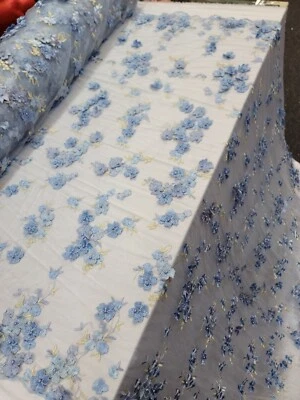 Tela por yarda 3d floral encaje azul cielo bordado en malla  Foto 1 de 4