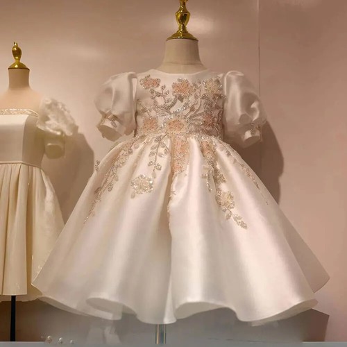 OFF WHITE Abito da principessa di lusso bianco sporco con fiori e paillettes per bambino festa di compleanno