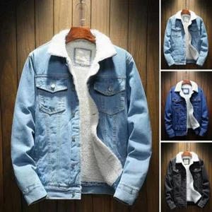 Giacca denim invernale caldo da uomo foderata in pile lana sherpa camionista cappotto jeans outwear - Foto 1 di 15