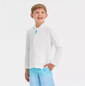 Cat & Jack Boy's Size XS/S, M/L, XL/XXL Solid Zip Up Swim Cover Up Top White - Picture 1 of 3