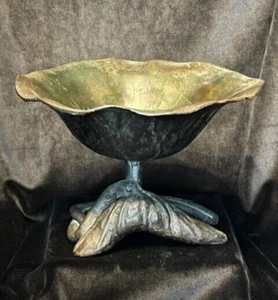 Japanese Bronze Ikebana Lotus Blossom Bowl With Leaf Design Vintage - Picture 1 of 2