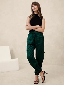 Banana Republic Factory S Satin Cargo Jogger Forest Green Small #568220 - Picture 1 of 10