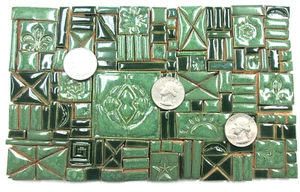 155+ Green Ceramic Mosaic Tiles, Handmade Mixed Sizes and Textures Craft Tiles - Picture 1 of 6