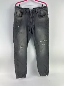 H&M &Denim Mens Gray Skinny Distressed Stretch Waist Drawstring Jeans Size L - Picture 1 of 4