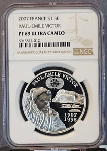 2007 FRANCE SILVER 1.5 EURO PAUL EMILE VICTOR NGC PF 69 ULTRA CAMEO TOP POP - Picture 1 of 3