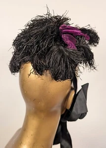 ANTIQUE FRENCH VICTORIAN 1870’S BONNET W PURPLE VELVET + PLUMES + LABEL - Picture 1 of 6